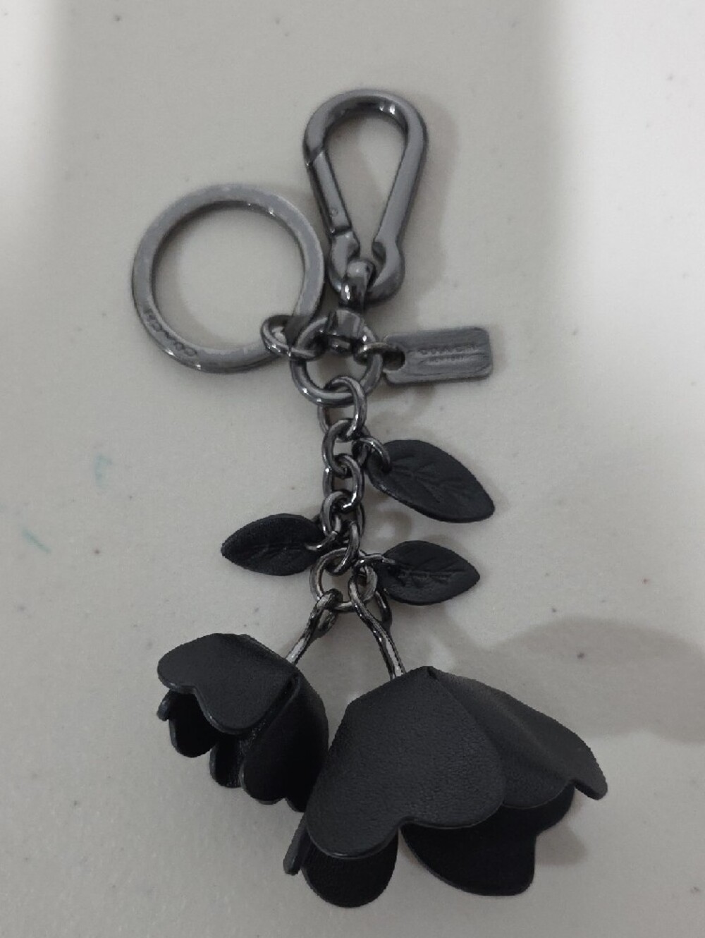 Coach Tea Rose Bag Charm Keychain in Black Leather with Gunmetal Hardware